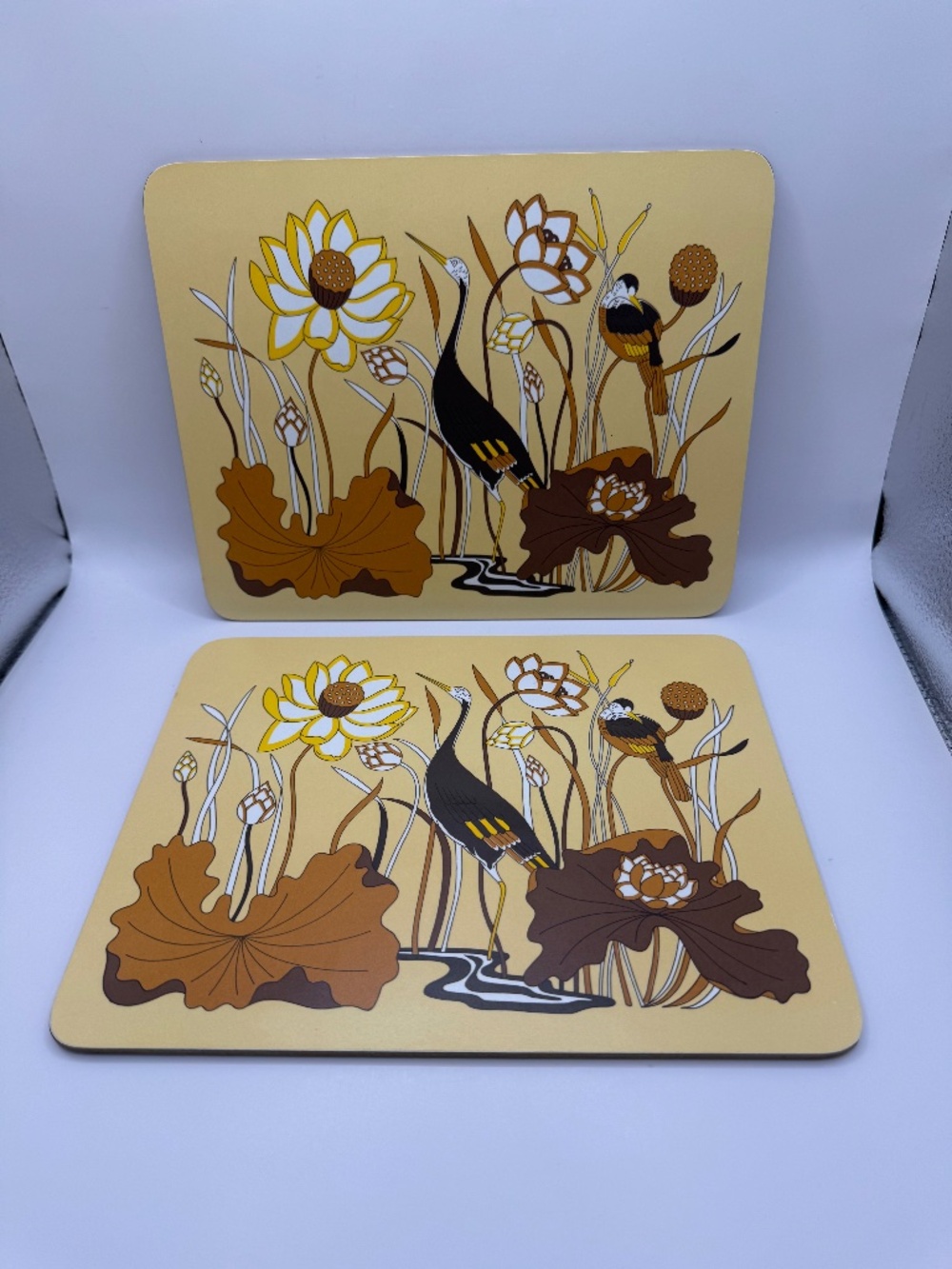 Marks & Spencer 1970s St. Michael cork backed placemats ft. herons lotus flowers
